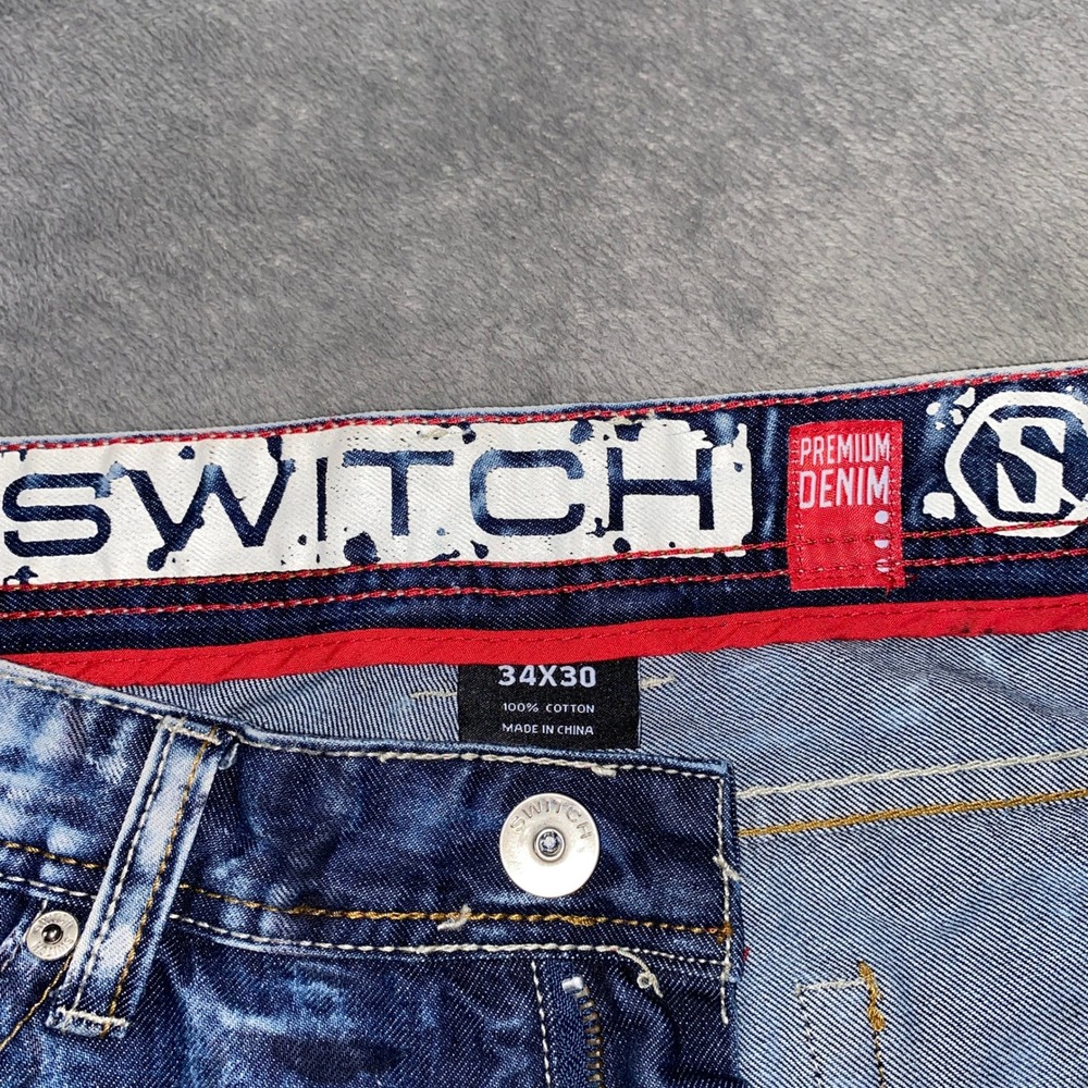 Switch Remarkable Jeans Mens 34x30 Blue Acid Wash Distressed Straight Streetwear - Picture 3 of 11